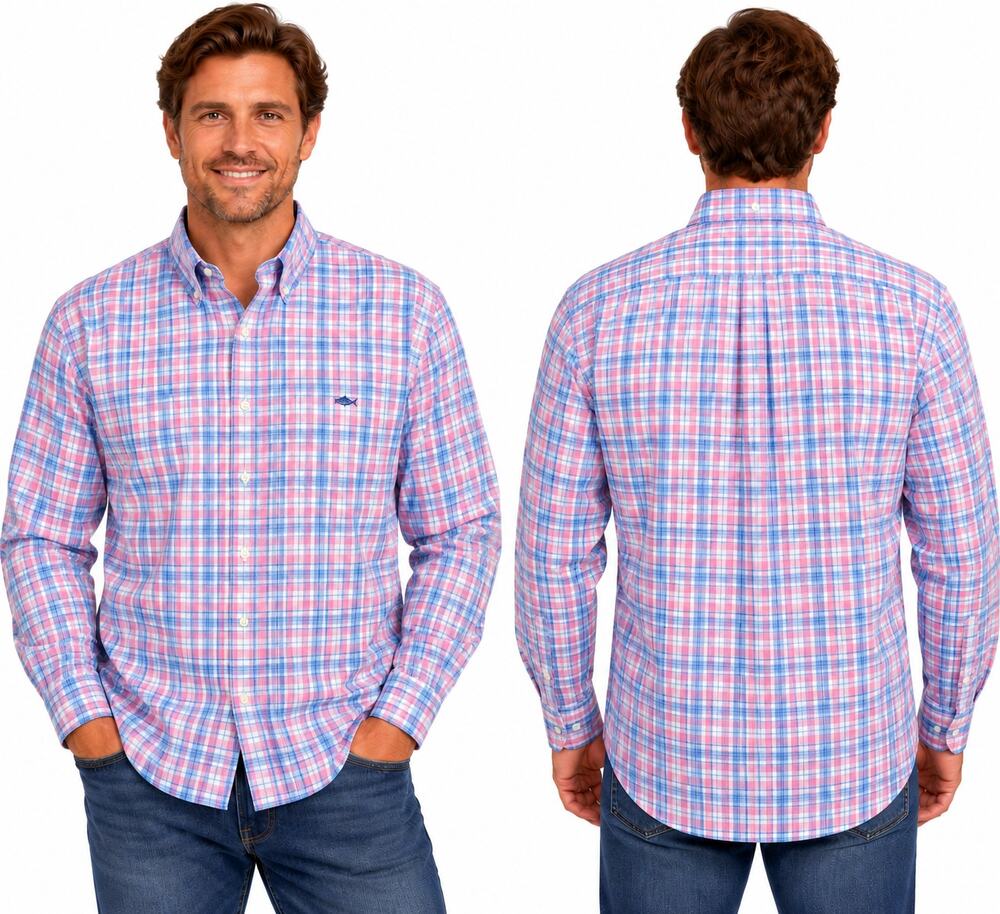 Southern Tide Men's L Pink Blue Plaid Long Sleeve Button Down Shirt Skipjack